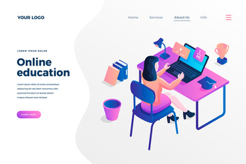 Wall Mural - online education isometric landing page template. cartoon student watching online course. distance l
