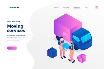 Wall Mural - moving house services isometric landing page template. workers loading cardboard boxes in truck cart