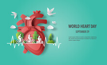 World Heart Day Concept; Happy Family Riding A Bike With A Heart In The Background, Paper Illustration, And 3d Paper.