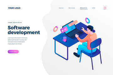 Wall Mural - software development isometric landing page template. male programmer designing user account interfa