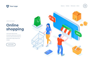Wall Mural - online shopping isometric landing page template. internet purchases via smartphone application web b