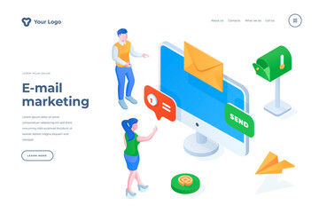 Wall Mural - e-mail marketing isometric landing page template. modern e-commerce methods for attracting target au