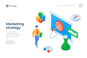 Wall Mural - marketing strategy isometric landing page template. top manager, ceo planning business development, 