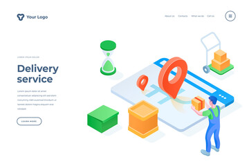 Wall Mural - delivery service isometric landing page template. courier with boxes planning shipment logistics on 