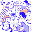 © Giulia - Cartoony characters chatting and attending a networking event, with drinks and music