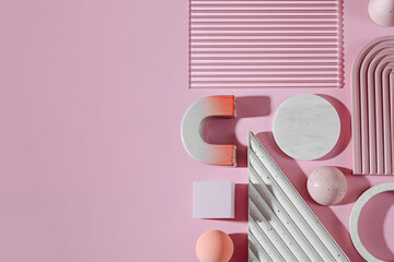 Wall Mural - geometric concrete figure and stones on pastel background. modern set from various materials and geo
