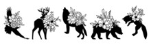 Celestial Mystical Florals Wild Animals. Wolf, Fox, Bear, Eagle, Deer Vector Illustration Set. Boho Magical Animals