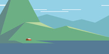 Minimalist Scandinavian Landscapes. Set Of Vector Illustrations. Nordic Landscape, Fishing Village, Fjords, Mountains And Sea. Backgrounds For Banners, Posters, Covers.