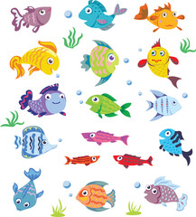 Wall Mural - Fish, marine life pattern, set, color, various poses and situations, drawing, vector, images, cartoon