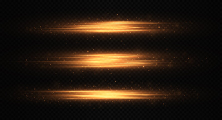 Wall Mural -  Golden horizontal lens flares pack. Laser beams, horizontal light rays. Exploding stars with scattered shining highlights.