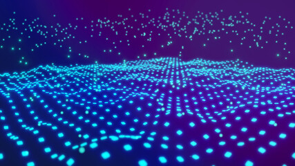 Wall Mural - 3d illustration of neon blue waves with dots, big data lake waves concept