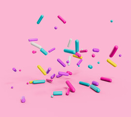 Poster - 3d illustration of colorful decorative sugar sprinkles on a pink isolated background