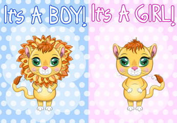 baby shower invitation for boy and girl.Blue and pink chevron background with Cute cartoon lion and lioness with big eyes in a bright style of children.