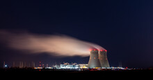 Beautiful Night Shot Of Doel Belgium Nuclear Power Station, Long Exposure Smoke