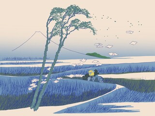 Windy landscape of rice fields with Fuji mountain background in Japanese ukiyo-e style on old paper theme