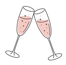 Hand Drawn Cute Cartoon Illustration Clang Glasses Of Champagne Or Sparkling Wine. Flat Vector Alcohol Drink Sticker In Simple Colored Doodle Style. Holiday Celebration Party Icon Or Print. Isolated