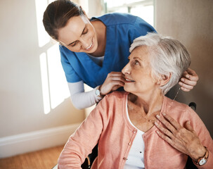 Sticker - Youll never have to wonder where I am. Shot of a senior woman in a wheelchair being cared for a nurse.