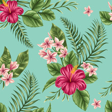 Tropical Seamless Pattern With Green Plants And Flowers . Summer Background With Exotic Leaves