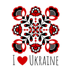 Ukrainian style poster based on Ukrainian folk embroidery in red and black on a white background. I love Ukraine.