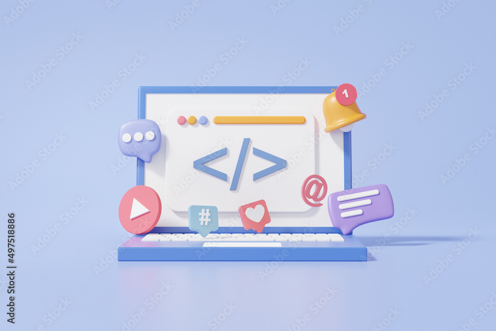 Laptop mockup Coding language development on blue background. Web UI-UX ...