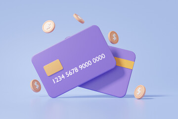 Wall Mural - Credit or debit card concept and coins floating on blue background. Online payments Money transfer Financial transactions. minimal cartoon. 3d render. illustration