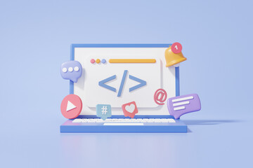 laptop mockup coding language development on blue background. web ui-ux design, software developer c