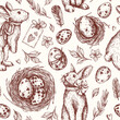 Easter seamless pattern in engraving style. Rabbits, Easter eggs spotted, nest with eggs, tag, leaves, feathers. Vintage vector hand drawn. Texture for fabric, wrapping paper, textile, background