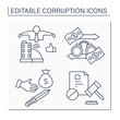 Corruption line icons set. Lobbying, extortion, debarment, illicit financial flows. Crime actions. Illegal acts concept. Isolated vector illustration. Editable stroke