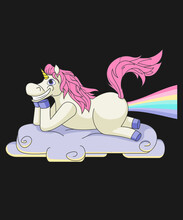 Cute Fat Unicorn Farting Rainbow Funny Vector Cartoon Illustration. Unicorn Laying On The Cloud With Pink Tail And Mane. Vector Design Isolated On Black Background. Print For T-shirt Or Sticker. 
