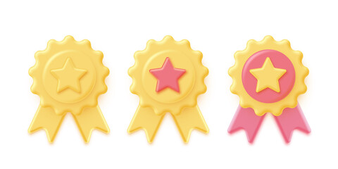 Wall Mural - yellow and pink 3d stamp with ribbons and star set isolated on white background. luxury golden seal.