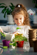 © Natalya Temnaya - A cute girl plants at home in eco pots. She is wearing a white sweater. The garden of the house. Hobby.