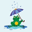 Children's illustration in cartoon style frog under an umbrella in the rain and a puddle. Cute funny green frog in rainy weather.