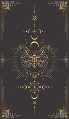 Wall Mural - vector mystic celestial background with golden outline insect, stars, moon phases, crescents and fra
