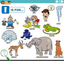 Letter I Words Educational Set With Cartoon Characters