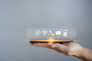Contact us or Customer support hotline people connect. Businessman using smartphone contact icons