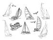 A set of black silhouette sailboats, a set of sailboat badges. doodle style. Vector collection with hand-drawn yachts