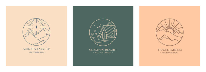 Wall Mural - Vector linear glamping emblems with forest landscape,aurora lights,house.Travel logos with mountains,crescent moon,polar star,sun,sunburst.Modern hike,camp,nature reserve,outdoor recreation labels.