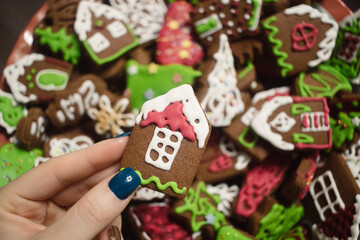 Sticker - Closeup shot of a house-shaped tasty chocolate cookie for Christmas in the female hand