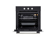 Black oven with open door and three trays
