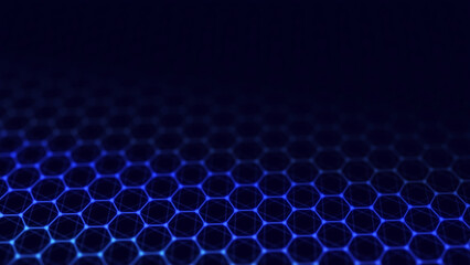 Leinwandbilder - Dynamic particles wave. Blue hexagons on black background. Digital landscape. 3d rendering. Futuristic hexagon illustration. HUD element.