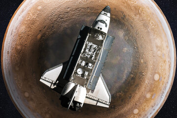 Wall Mural - flying space shuttle close to the jupiter planet of solar system. north pole of the jupiter planet i