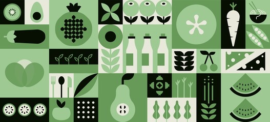Wall Mural - Food geometric mosaic background. Natural green organic fruit vegetable pattern bauhaus style. Vector illustration