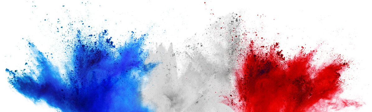 colorful french flag blue white red color holi paint powder explosion isolated background. france eu