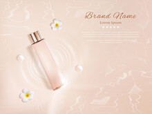 Cosmetic Bottle For Skin Care With Flowers And Pearls On Water Background