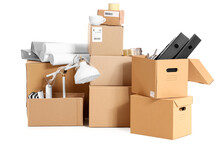 Cardboard Boxes With Office Stuff On White Background