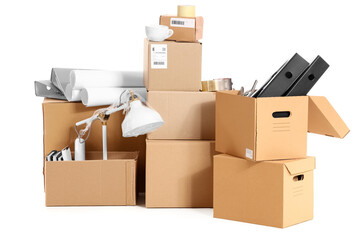 Canvas Print - Cardboard boxes with office stuff on white background