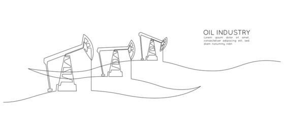 Aufkleber - One continuous line drawing of Oil pumps jacks among hilly landscape. Pump stations and derrick petroleum production and trade industry in simple linear style. Doodle vector illustration