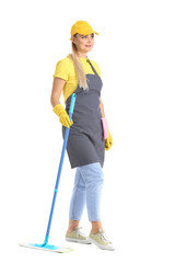 Poster - Worker of cleaning service with mop on white background