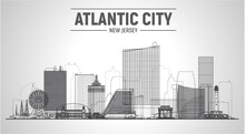 Atlantic City (New Jersey) Line Skyline On White Background. Flat Vector Illustration. Business Travel And Tourism Concept With Modern Buildings. Image For A Banner Website.