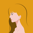 Złotowłosa. Profil młodej dziewczyny z blond włosami i delikatnymi piegami. Portret kobiety z grzywką. Avatar do social media. Ilustracja wektorowa.